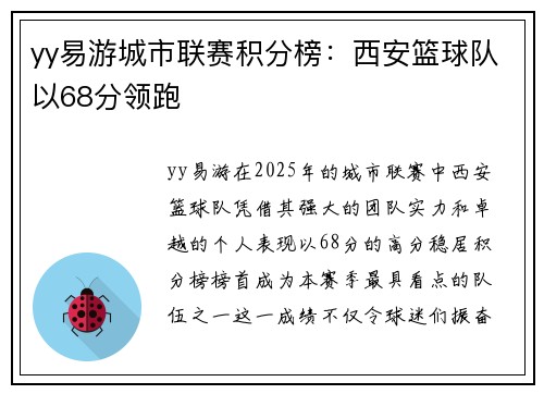 yy易游城市联赛积分榜：西安篮球队以68分领跑