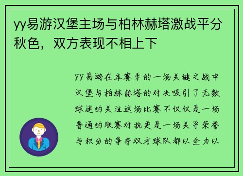 yy易游汉堡主场与柏林赫塔激战平分秋色，双方表现不相上下
