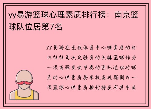 yy易游篮球心理素质排行榜：南京篮球队位居第7名