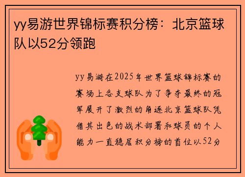 yy易游世界锦标赛积分榜：北京篮球队以52分领跑